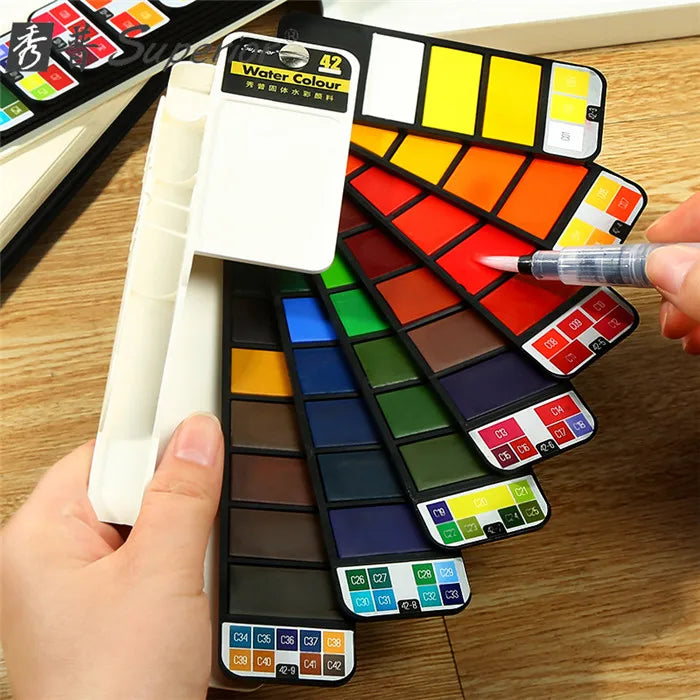 42 Colors Solid Foldable Watercolor Pigment Brush Set