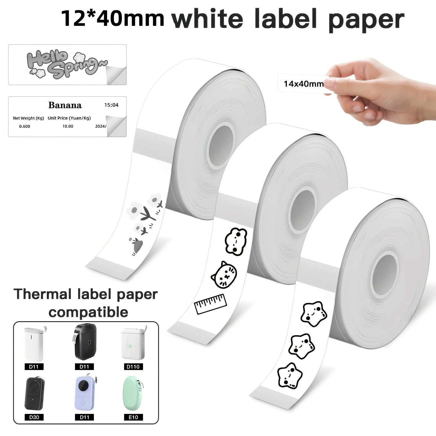 3/6/12 Rolls 12x40mm White Thermal Labels