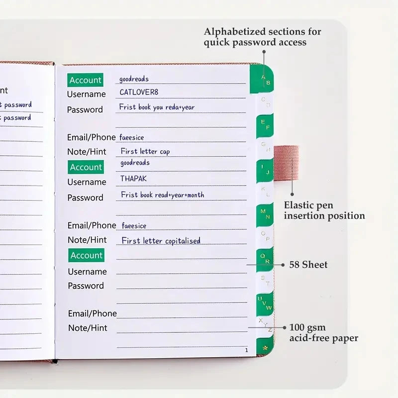 PU Cover Notebook A6 Password Book With Alphabetical Tabs