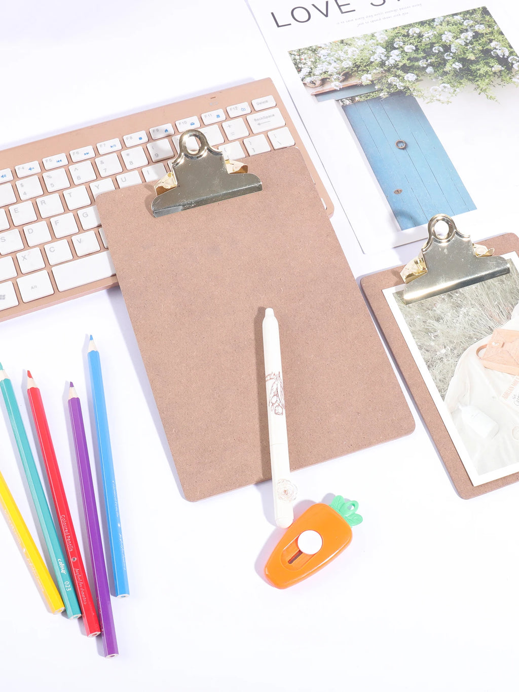 Wood Color Clipboard with Golden Metal Clip
