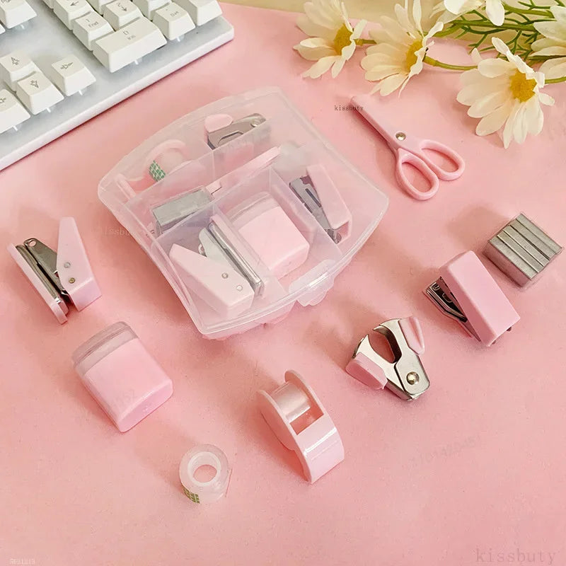 Mini Stapler Staple Punch Hole Tape Machine Set