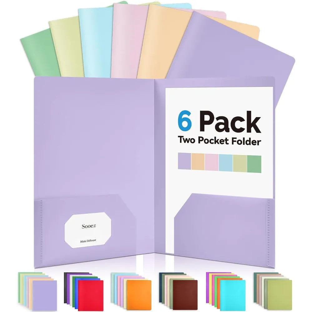 6 Pack Pastel Colored Plastic Folders with Pockets