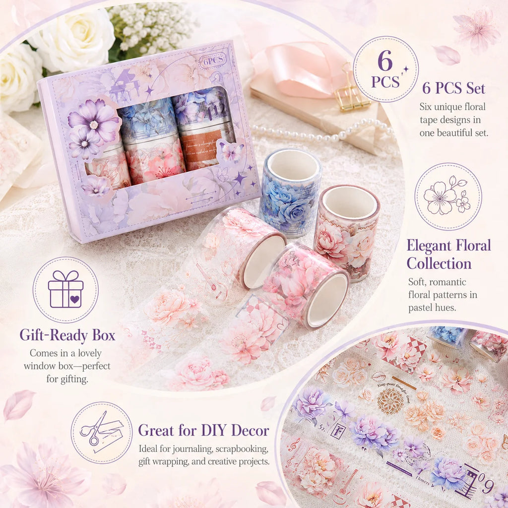 Cute Floral Washi Tape Set 6 Rolls