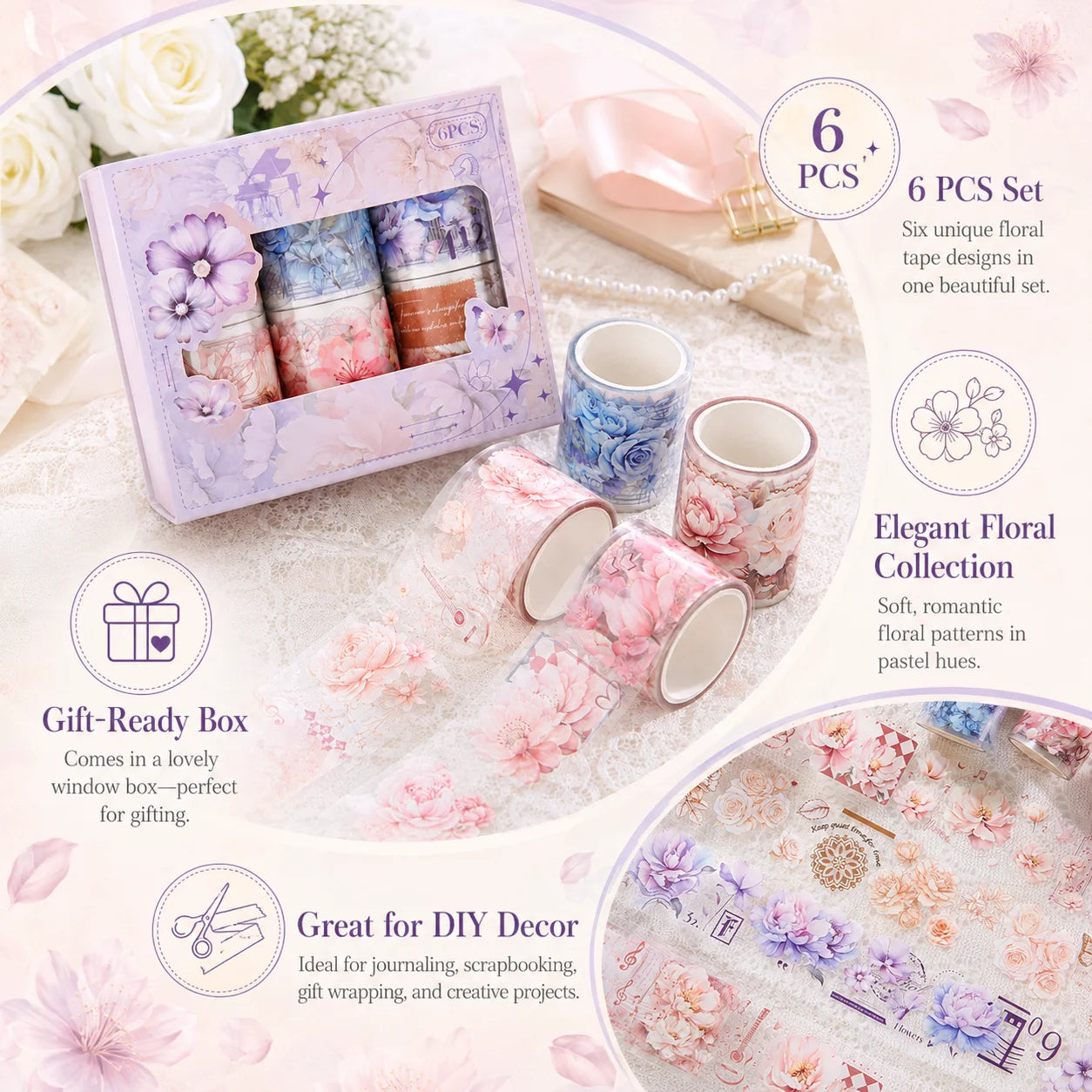 Cute Floral Washi Tape Set 6 Rolls