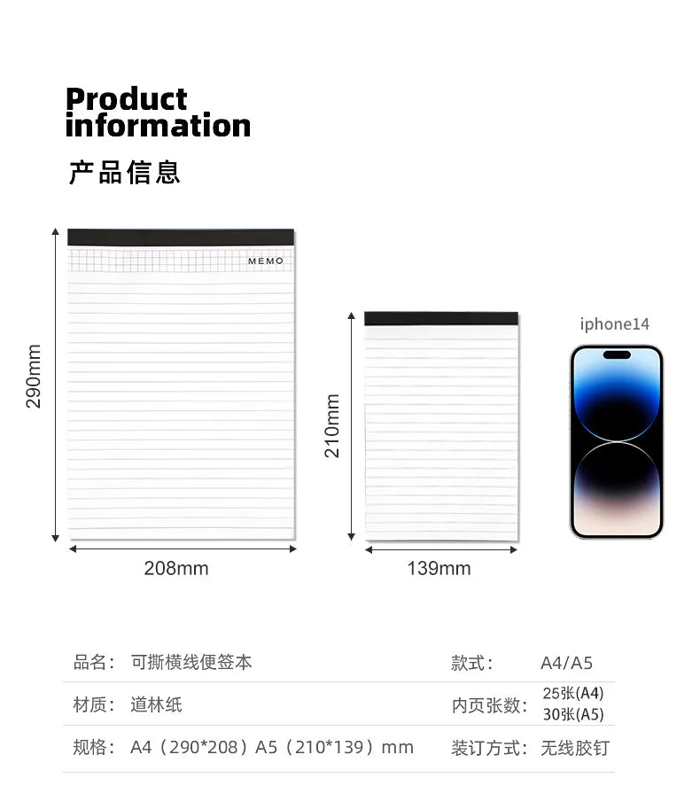 A4 Conference Tearable Lined Pages Memo Pad