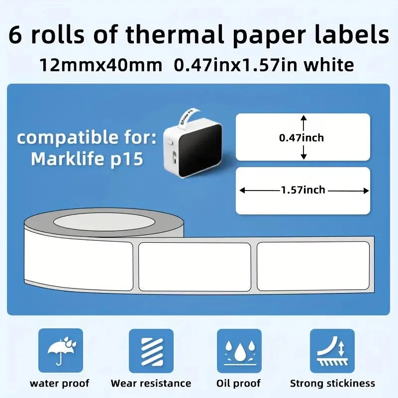 6 Rolls 12x40mm Multi-Size White Label Tape