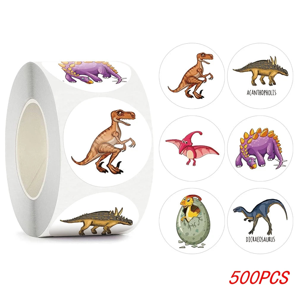 100-500pcs 1'' Round Dinosaur Stickers