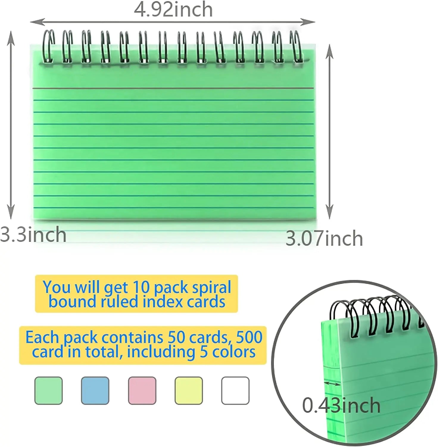 500 Colorful 3x5 Spiral Index Cards with Ring