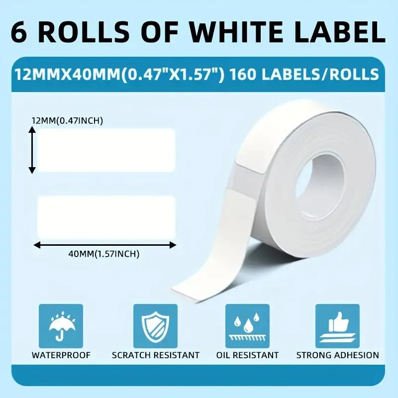 6 Rolls 12x40mm Multi-Size White Label Tape
