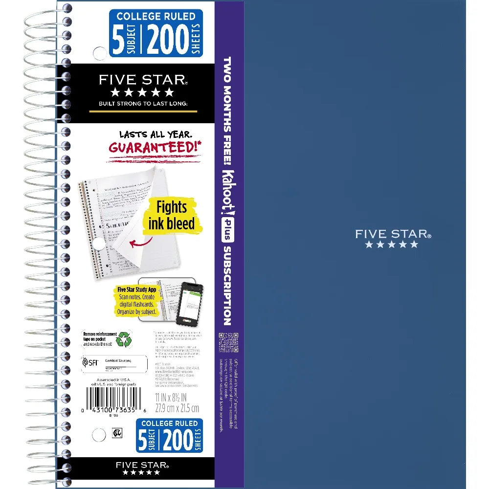 5 Subject College Ruled Spiral Notebook Binder