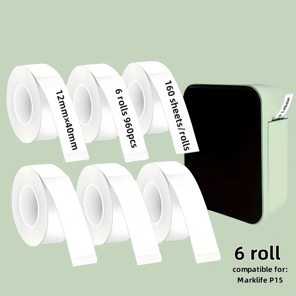 6 Rolls 12x40mm Multi-Size White Label Tape