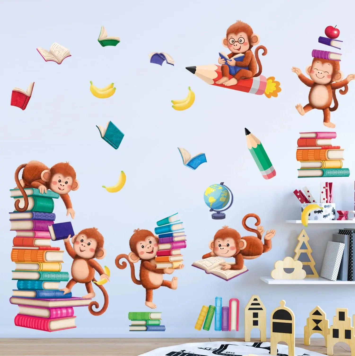 Books with Reading Monkey Wall Stickers