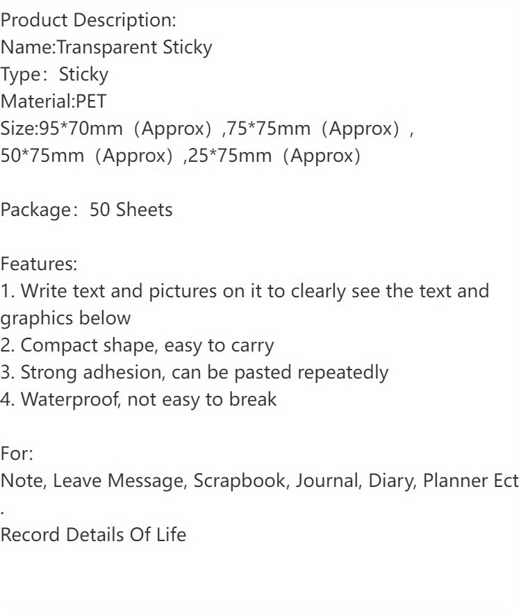 50 Sheets Transparent Sticky Note Pads