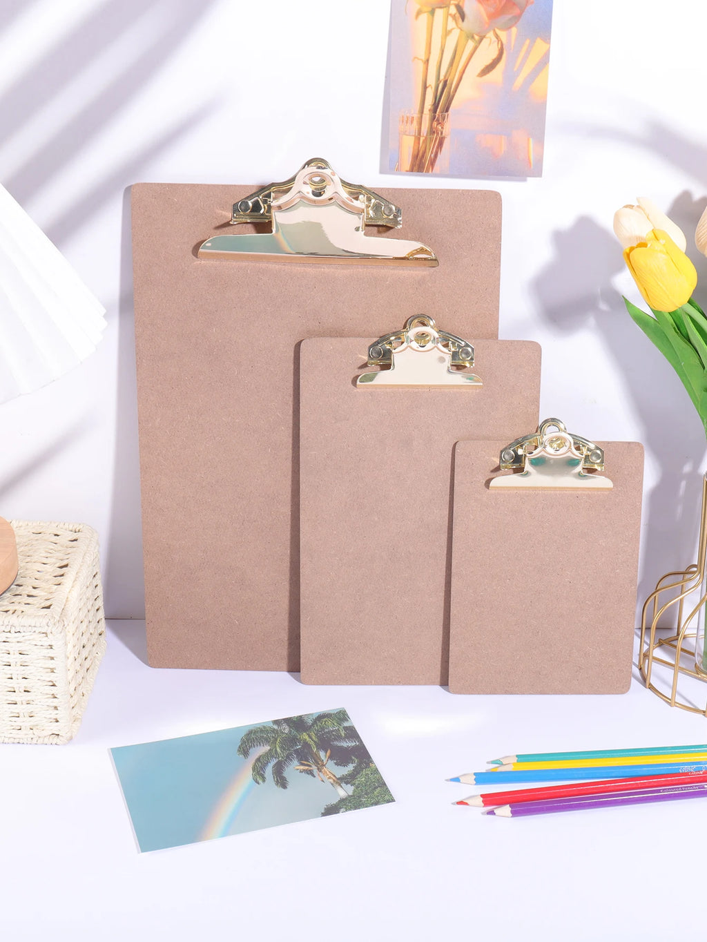 Wood Color Clipboard with Golden Metal Clip