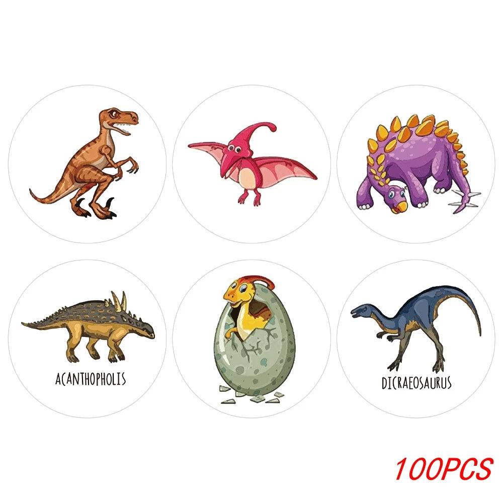 100-500pcs 1'' Round Dinosaur Stickers